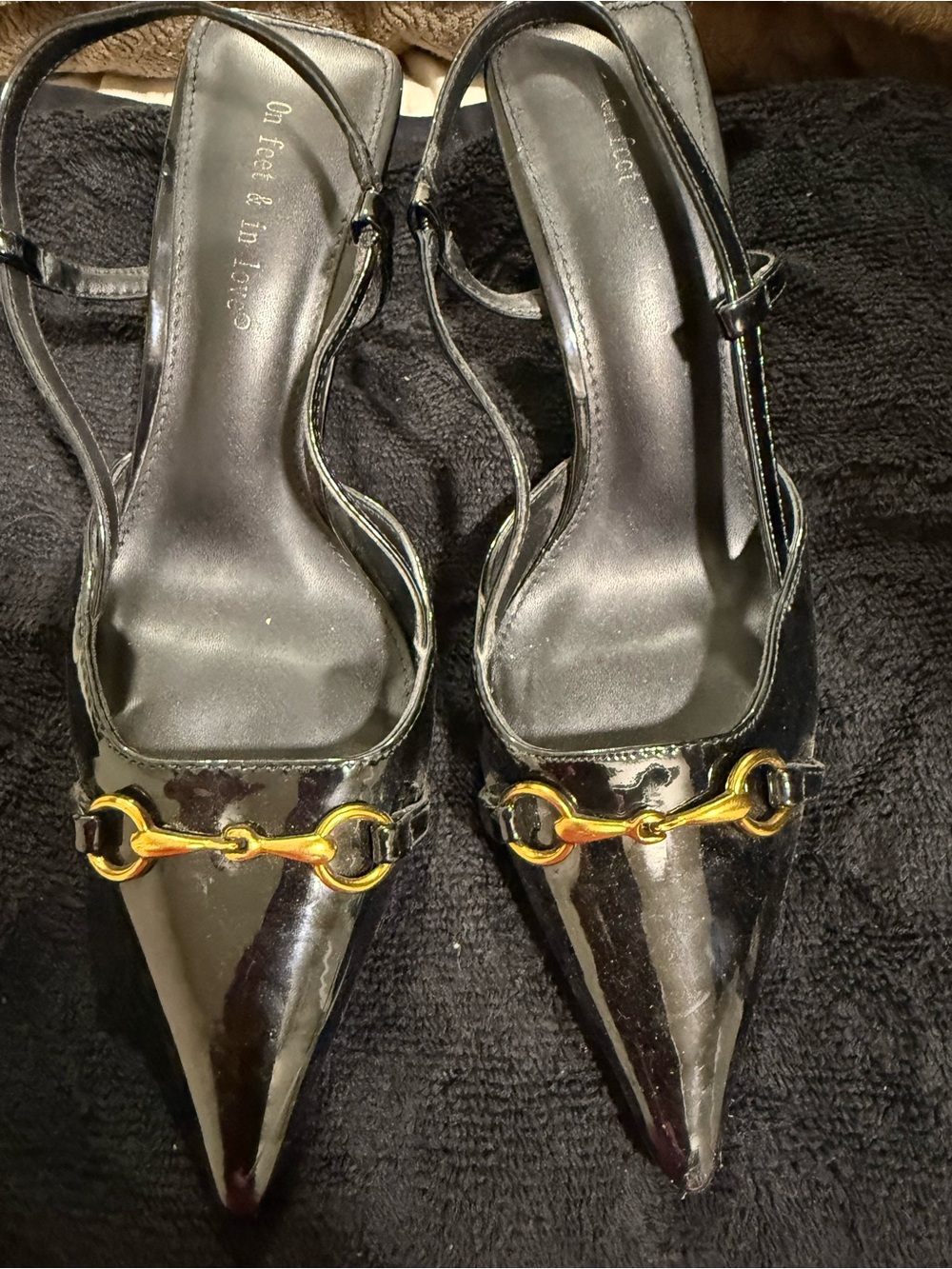 SHEIN Black Patent Pointed Slingback Heels with Gold Bit